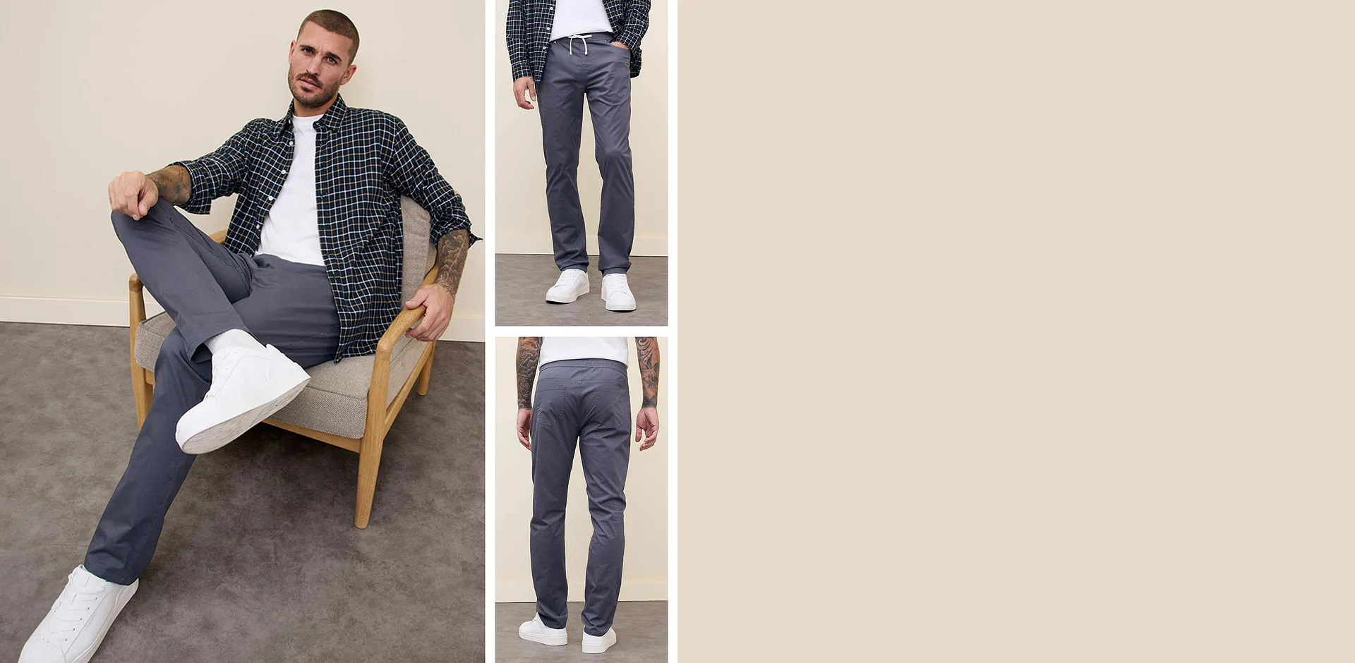 Geruit overhemd, wit T-shirt en grijze broek met comfortband.