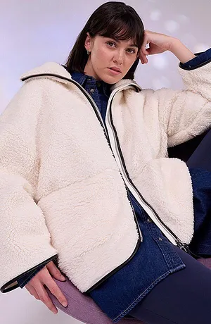 Dames - Oversized jas van teddy fleece - parelwit