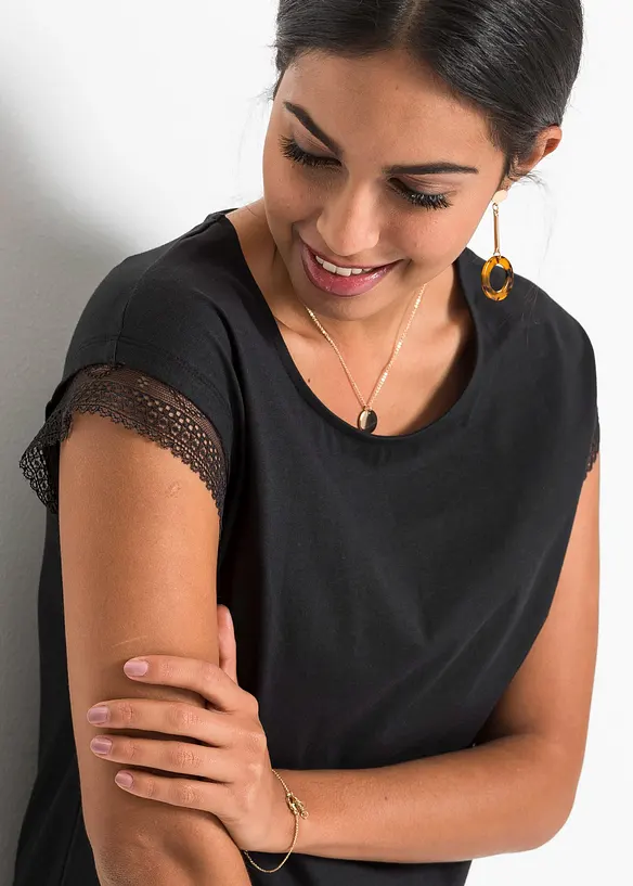 Boxy shirt met kant van katoen, bonprix