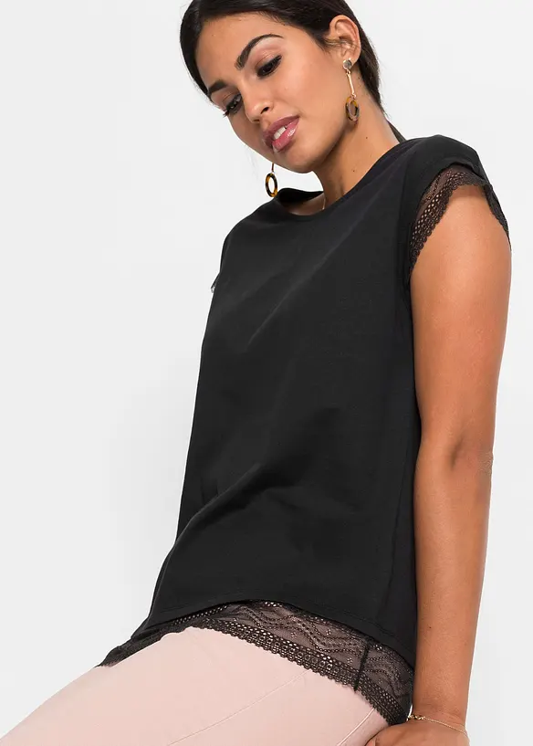 Boxy shirt met kant van katoen, bonprix
