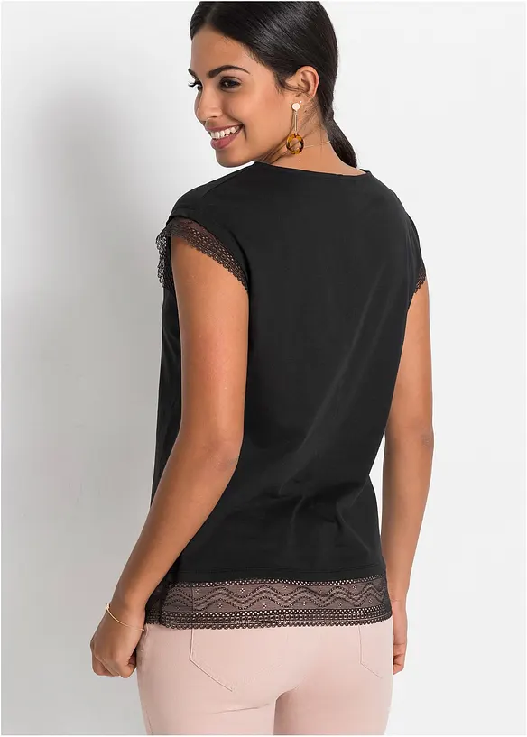 Boxy shirt met kant van katoen, bonprix