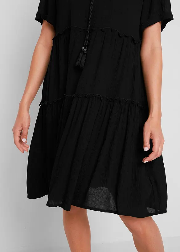 Knielange viscose crinkle jurk met strikkoordjes, bonprix