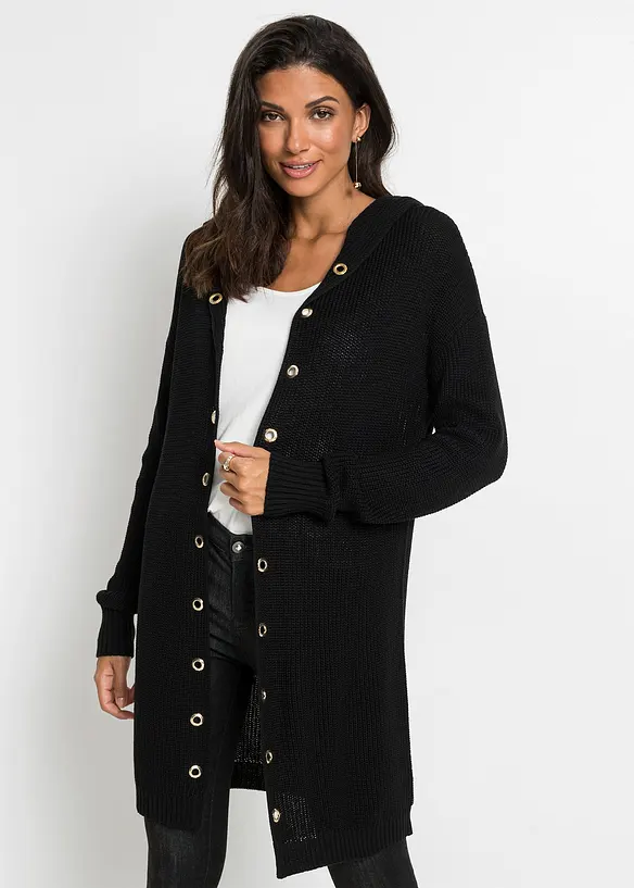 Lang gebreid vest met capuchon, bonprix