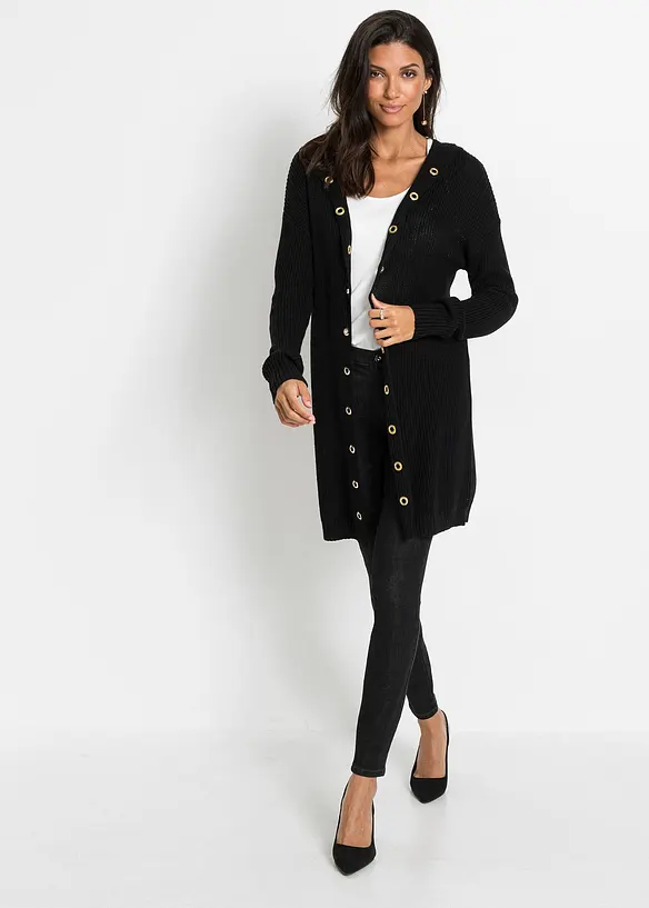 Lang gebreid vest met capuchon, bonprix