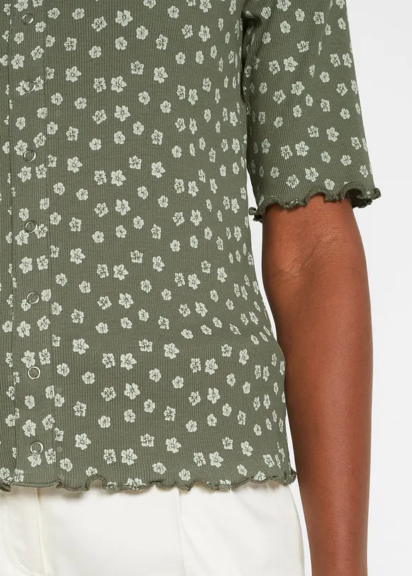 Geribd shirt met bloemenprint, halflange mouw, bonprix