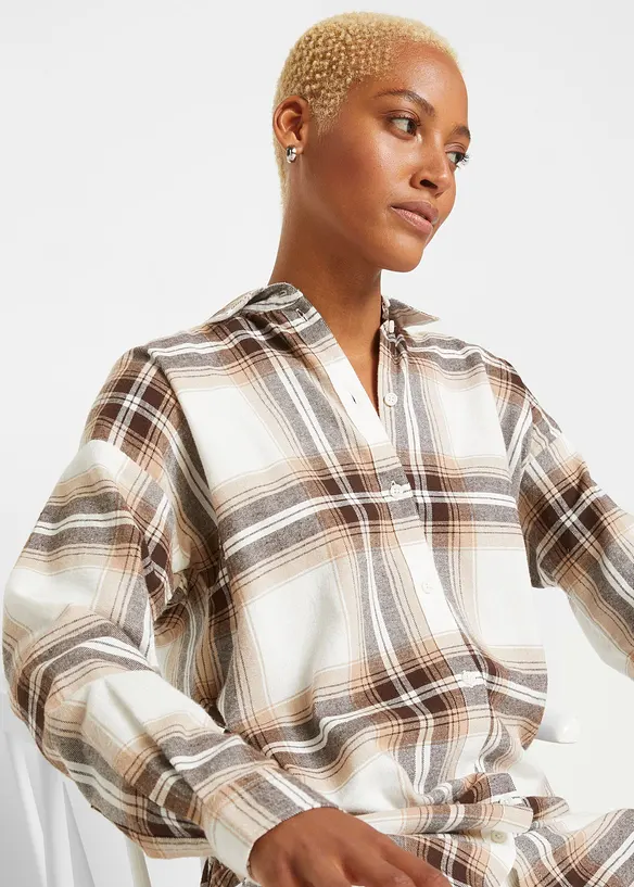 Lange, flanellen overhemdblouse van puur katoen, bonprix