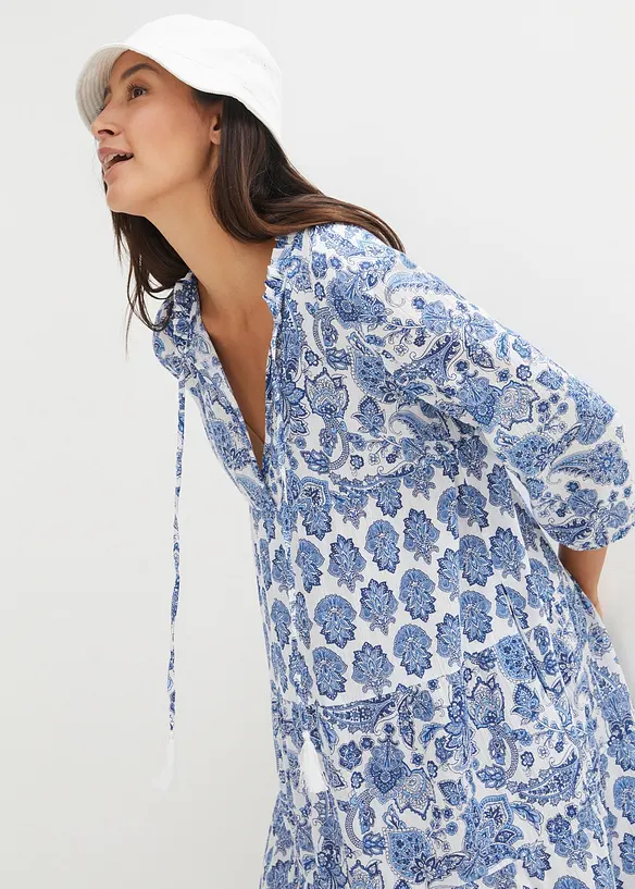 Crinkle midi jurk van katoen met zakken en 3/4 mouwen, bonprix