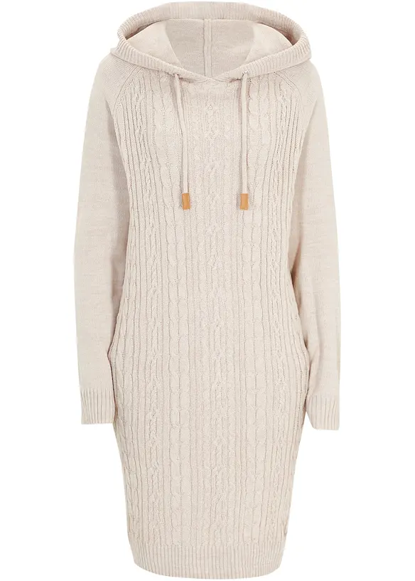Gebreide jurk met capuchon en kabelpatroon, bonprix