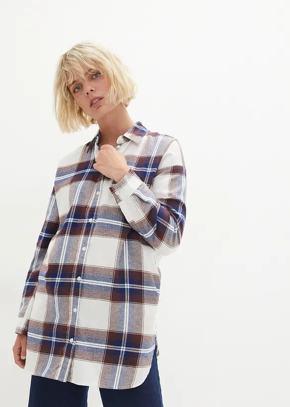 Lange, flanellen overhemdblouse van puur katoen, bonprix