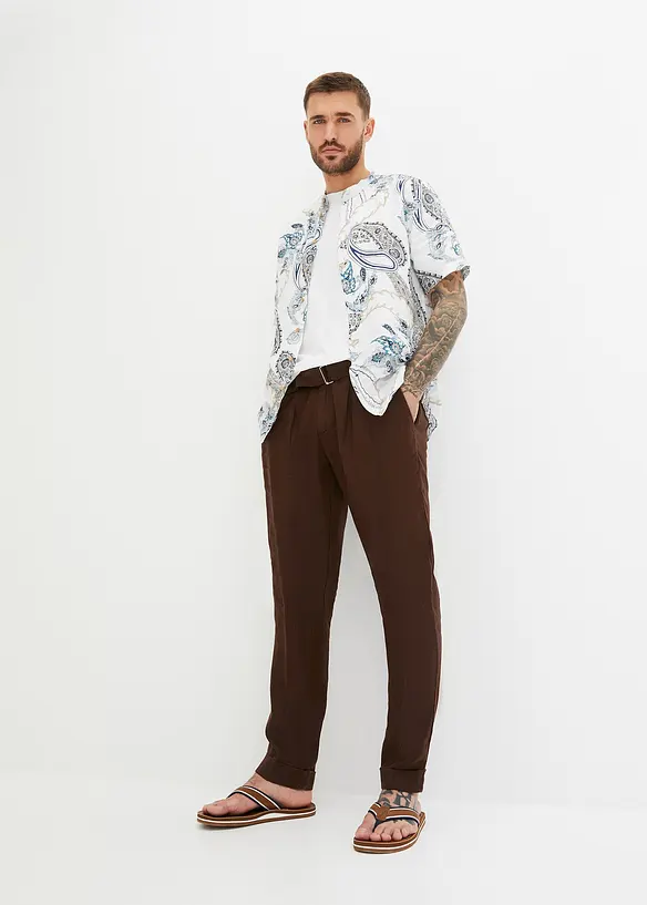 Linnen broek met bandplooien en riem, bpc selection