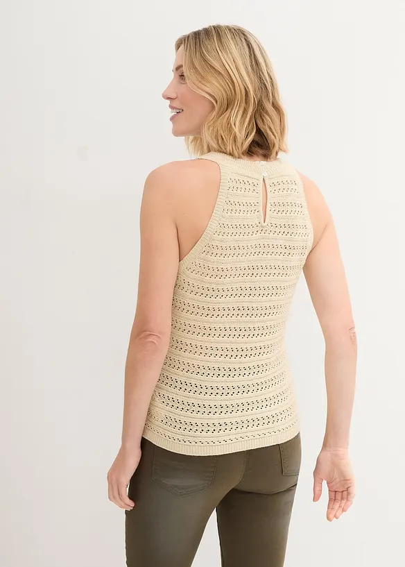 Gebreide ajour top met linnen, bonprix
