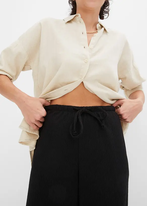 High waist broek van gestructureerde jersey met elastische band en strikkoordjes, bonprix