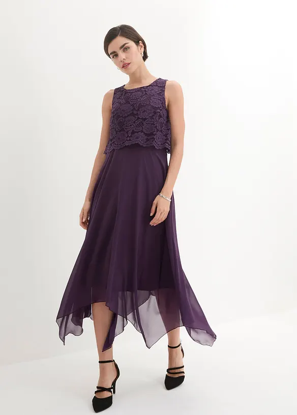 Premium chiffon midi jurk met kant, bonprix