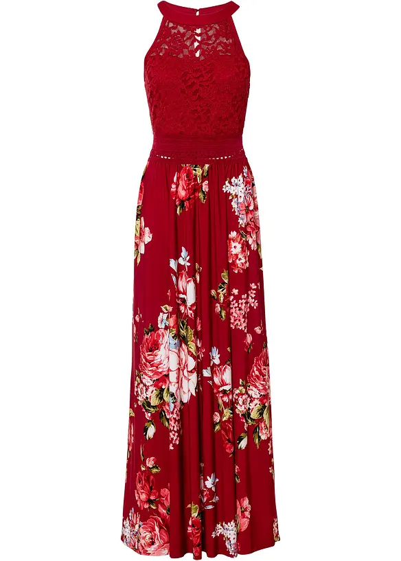 Gebloemde maxi zomerjurk met een kanten lijfje, bonprix