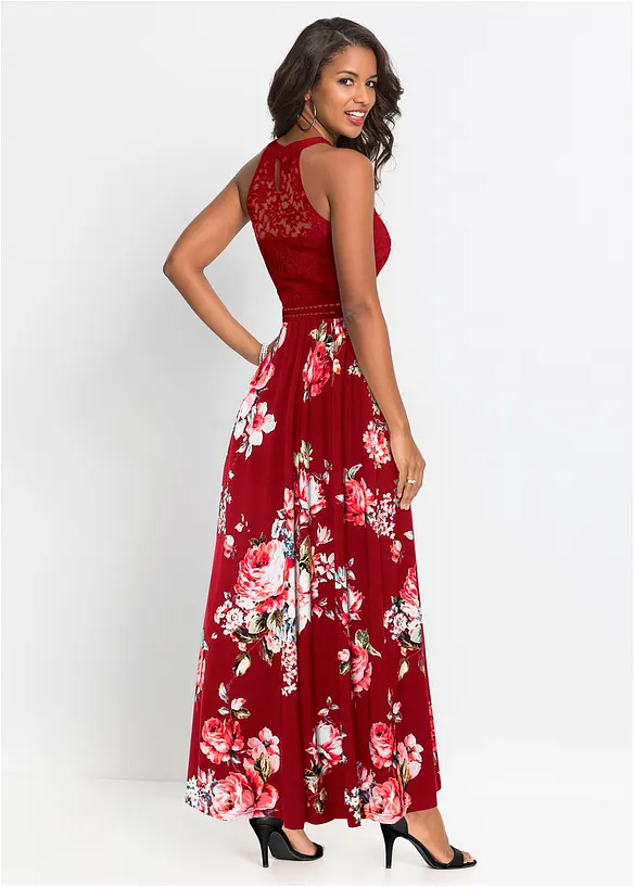 Gebloemde maxi zomerjurk met een kanten lijfje, bonprix