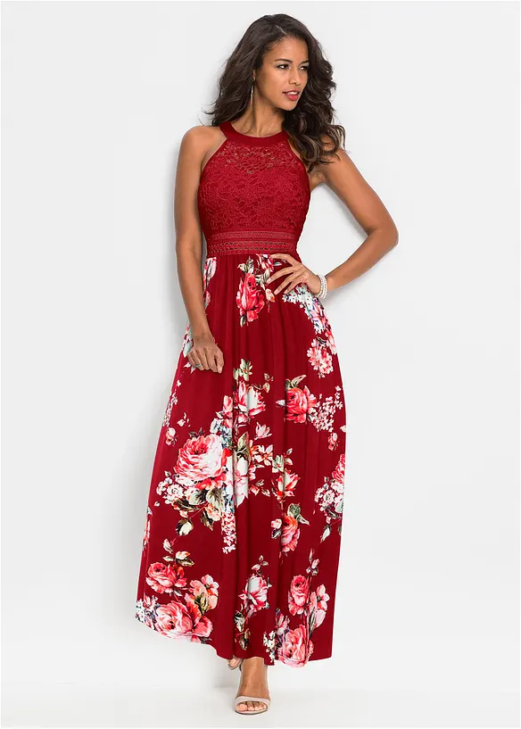 Gebloemde maxi zomerjurk met een kanten lijfje, bonprix