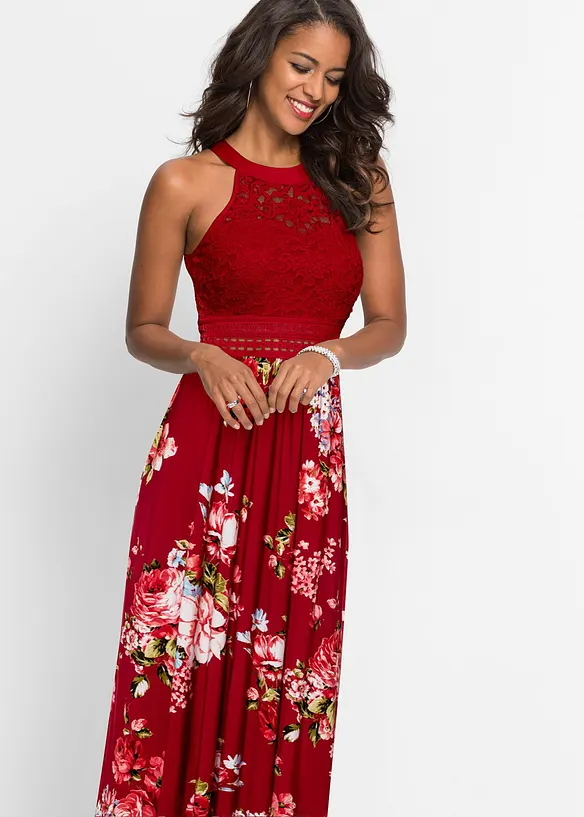 Gebloemde maxi zomerjurk met een kanten lijfje, bonprix