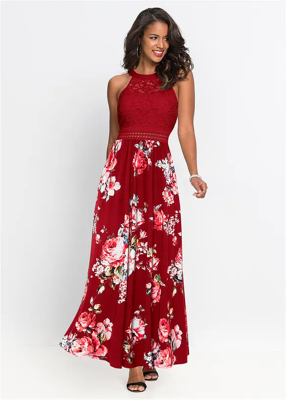 Gebloemde maxi zomerjurk met een kanten lijfje, bonprix