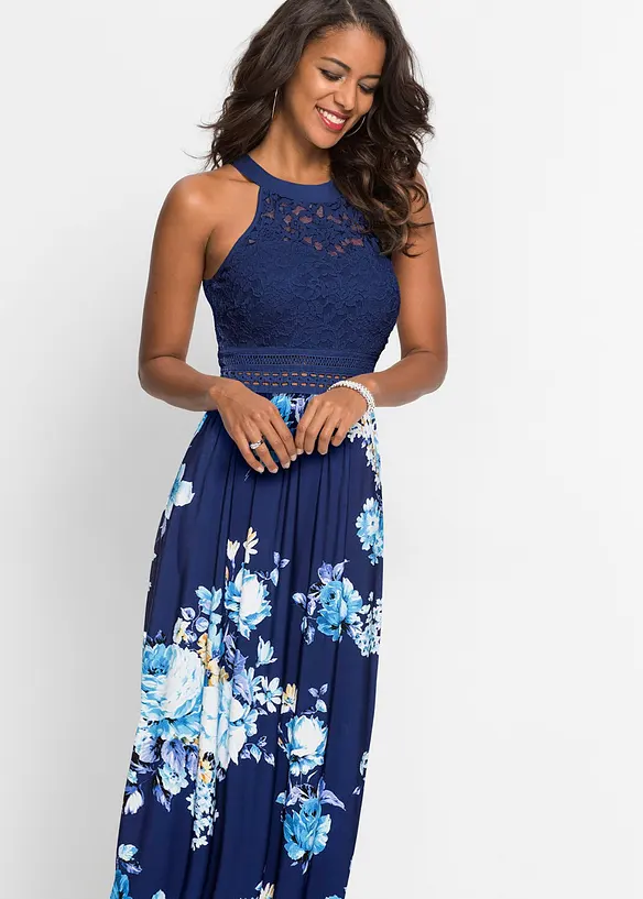 Gebloemde maxi zomerjurk met een kanten lijfje, bonprix