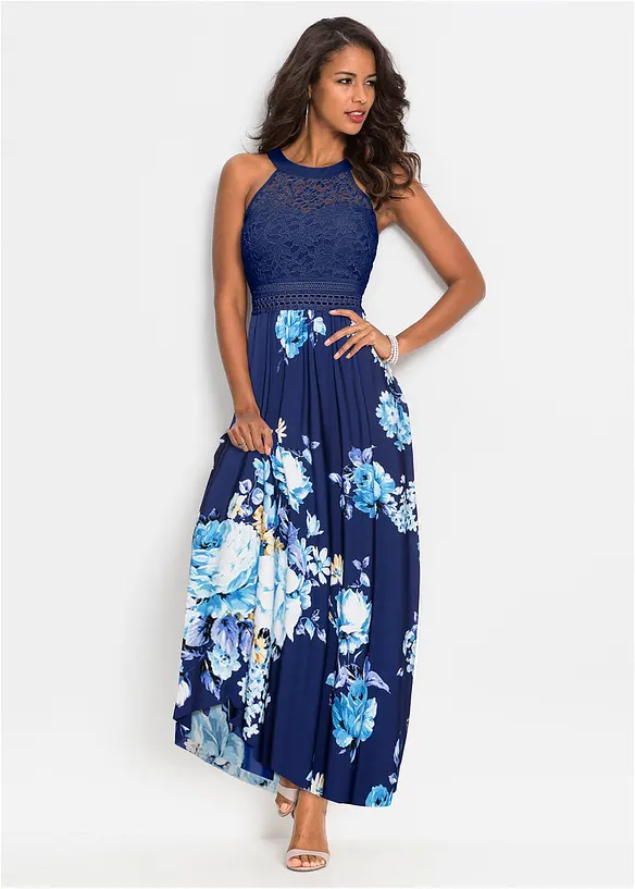 Gebloemde maxi zomerjurk met een kanten lijfje, bonprix