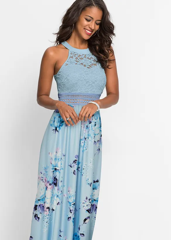 Gebloemde maxi zomerjurk met een kanten lijfje, bonprix