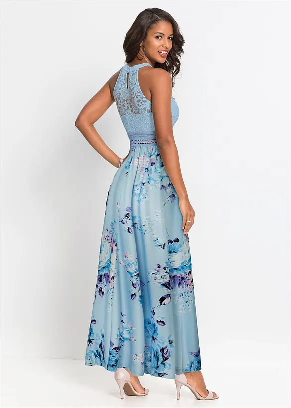 Gebloemde maxi zomerjurk met een kanten lijfje, bonprix