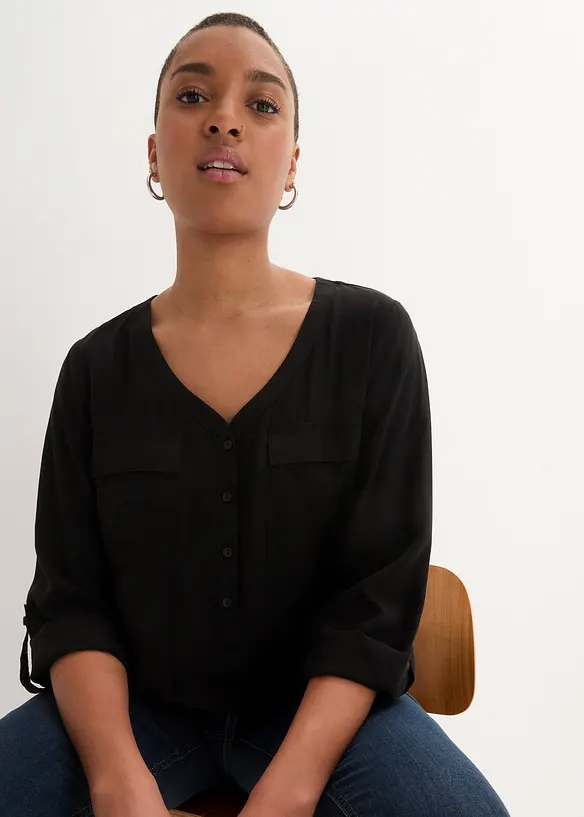 Blouse met lange mouwen en V-hals van vloeiende viscose, bonprix