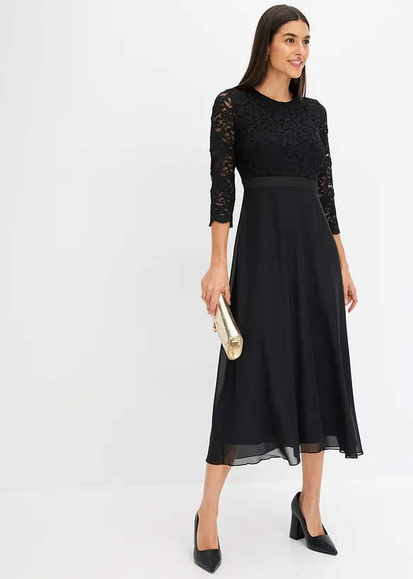 Midi jurk van lichte chiffon met kanten lijfje, bonprix