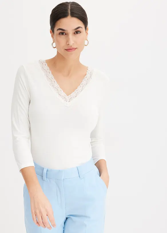 Shirt met lange mouwen en kant, bonprix