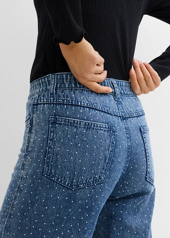 Wide leg jeans, mid waist, met strass, bonprix