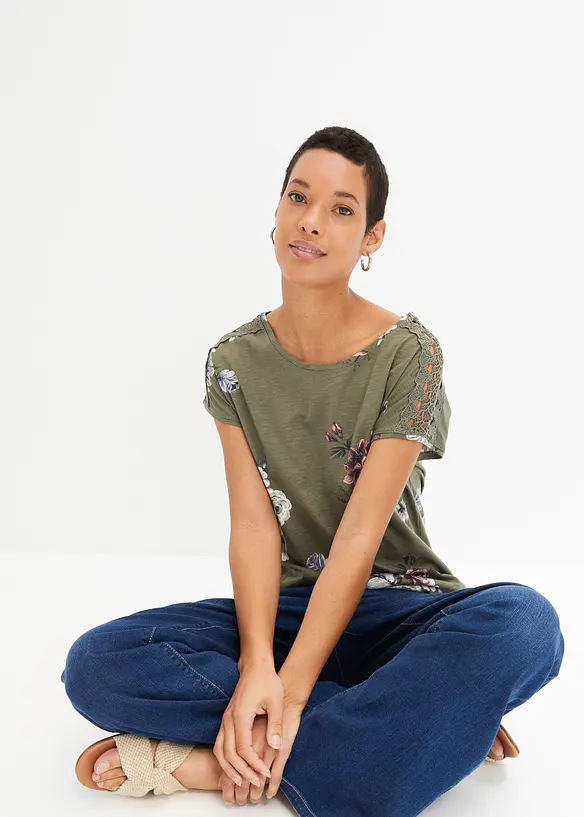 Gedessineerd shirt met kant, bonprix