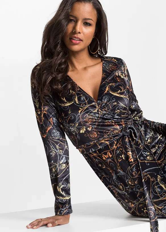 Fluwelen wikkeljurk met dessin, BODYFLIRT boutique