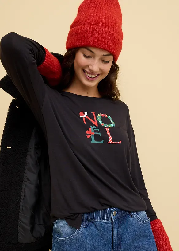 Longsleeve van viscose met kerstmotief, bonprix
