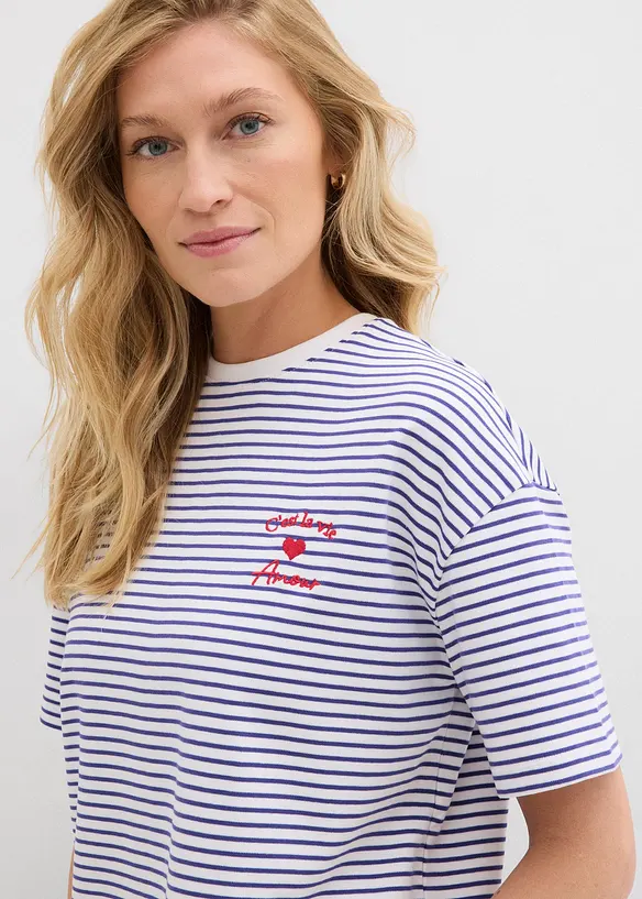 Gestreept T-shirt met borduursel, bonprix