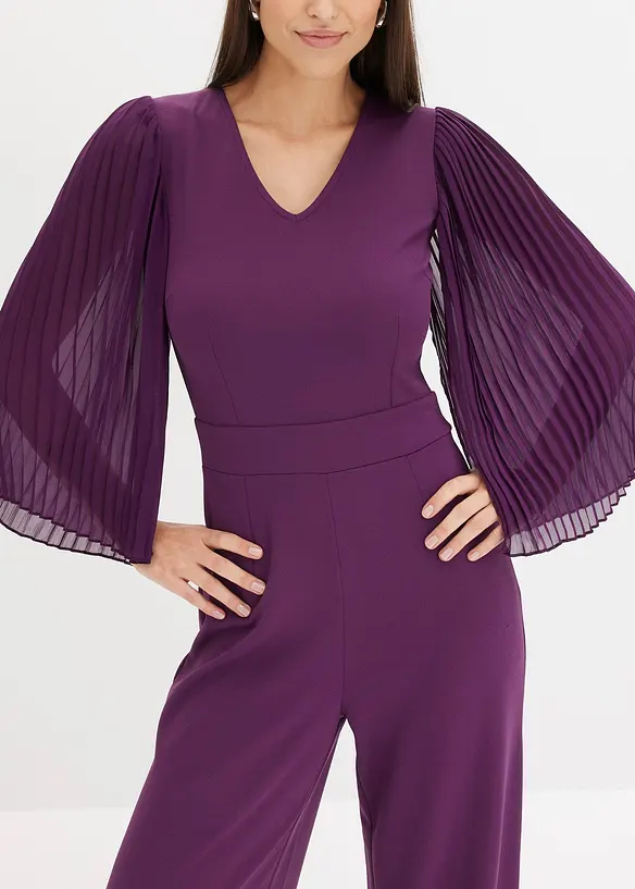 Jersey jumpsuit met plissé mouwen van fijn chiffon, bonprix