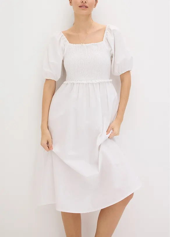 Midi jurk met pofmouwen en gesmokt detail, bonprix