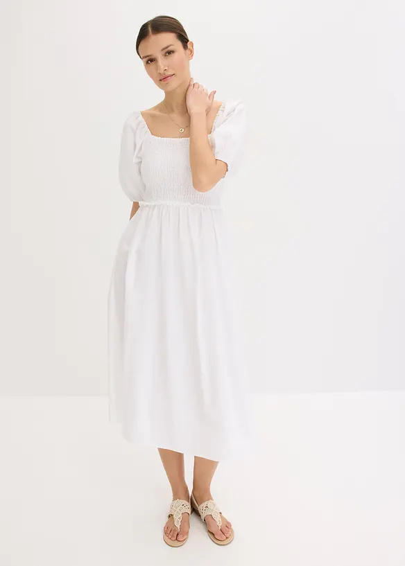 Midi jurk met pofmouwen en gesmokt detail, bonprix