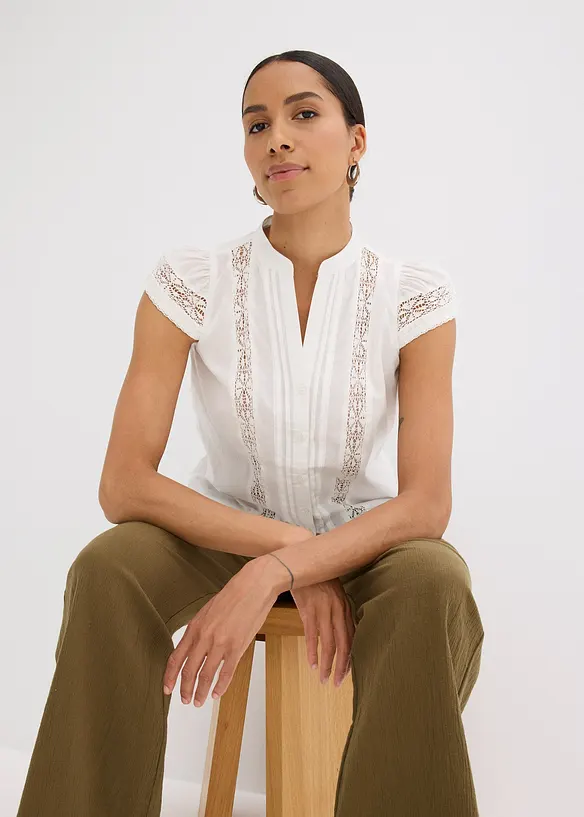 Blousetop met broderie anglaise van puur katoen, bonprix