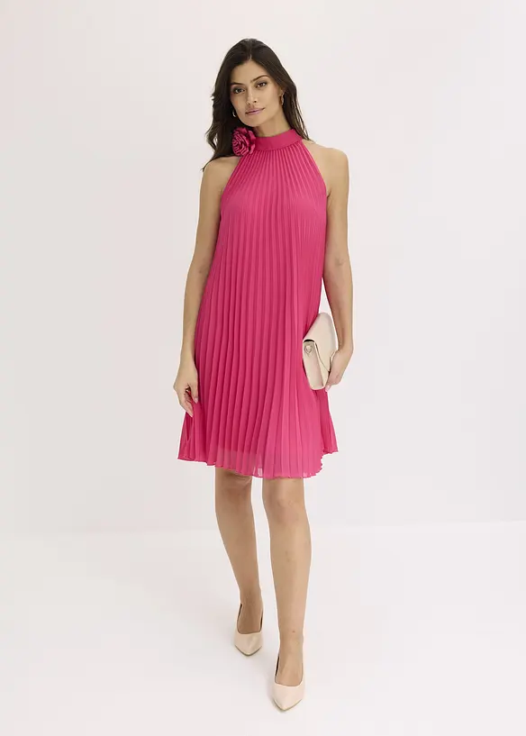 Jurk van fijn chiffon met plissé en bloemenapplicatie, bonprix