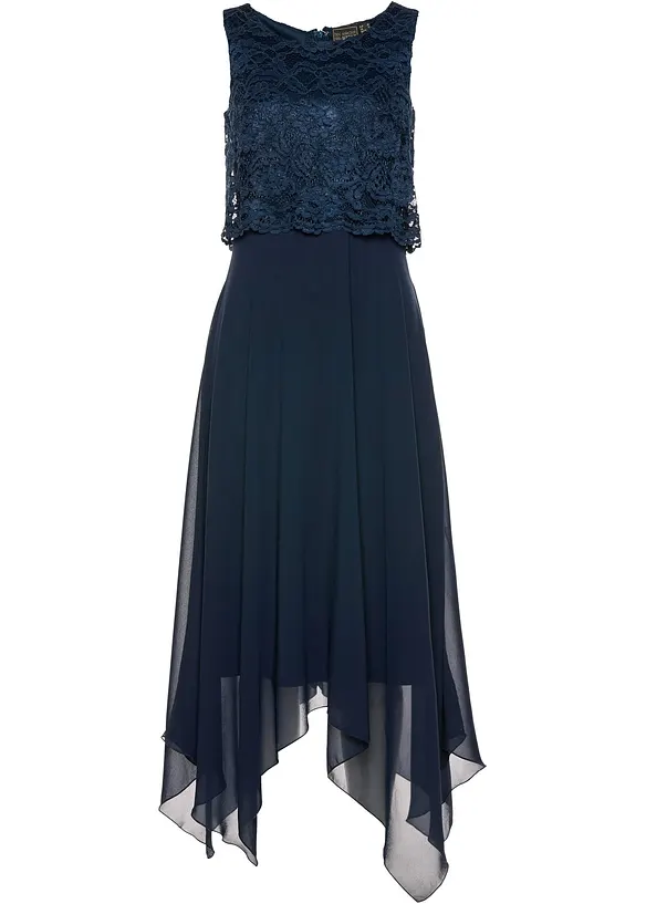 Premium chiffon midi jurk met kant, bonprix