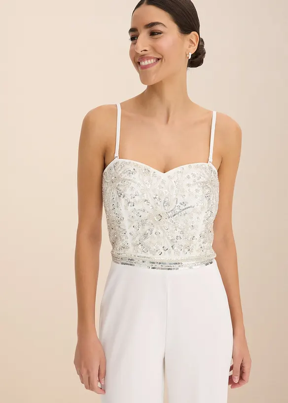 Bruidsjumpsuit van crêpe met structuur en parelborduursel, bonprix