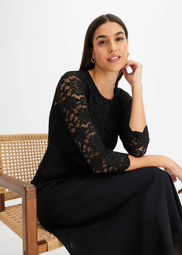 Midi jurk van lichte chiffon met kanten lijfje, bonprix