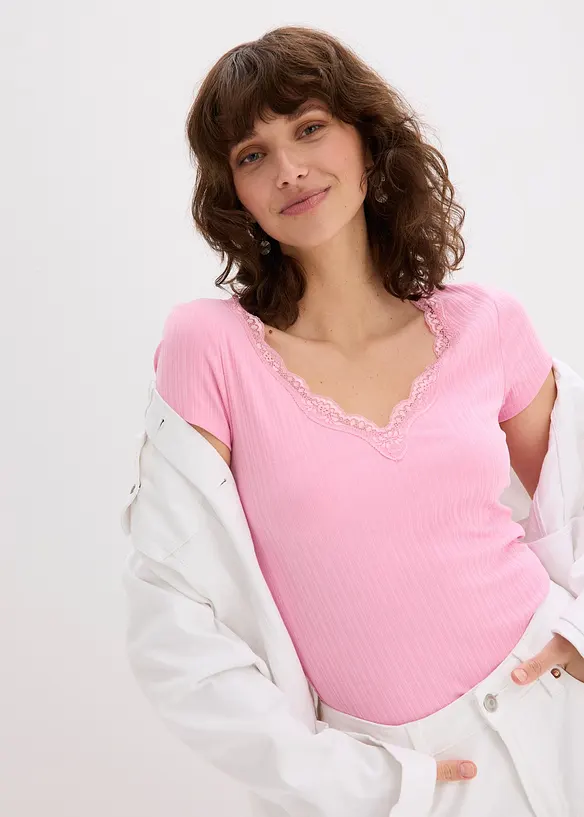 Geribd shirt met kanten detail (set van 2), bonprix