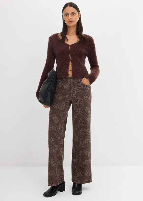 Wide leg twill broek met luipaardprint, bonprix