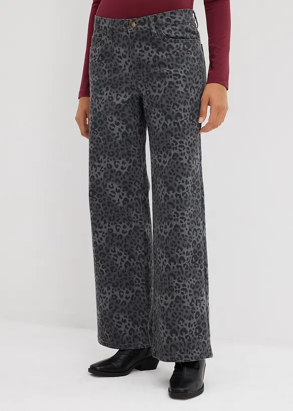 Wide leg twill broek met luipaardprint, bonprix