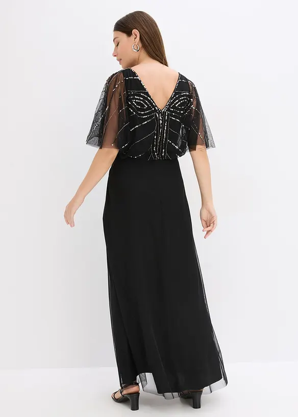 Maxi jurk van fijne tule met paillettenborduursel, bonprix