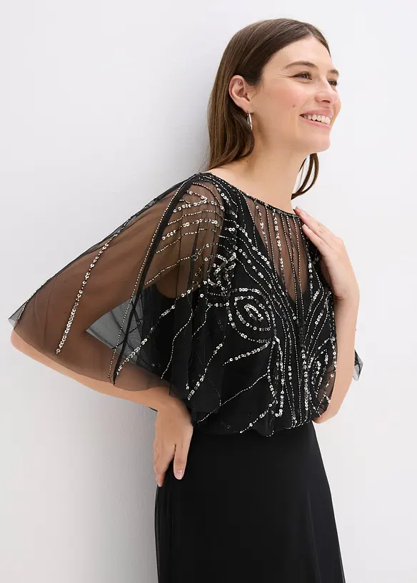 Maxi jurk van fijne tule met paillettenborduursel, bonprix