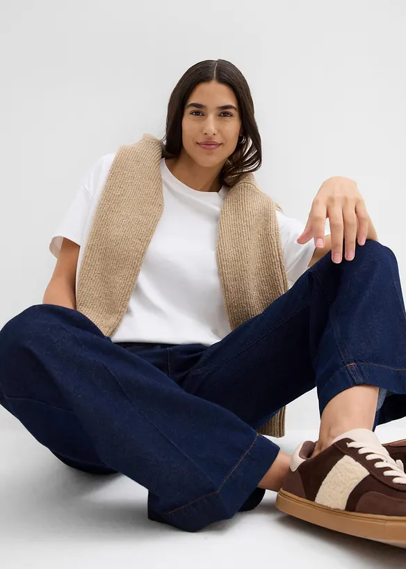 Wide leg jeans mid waist met riem, bonprix