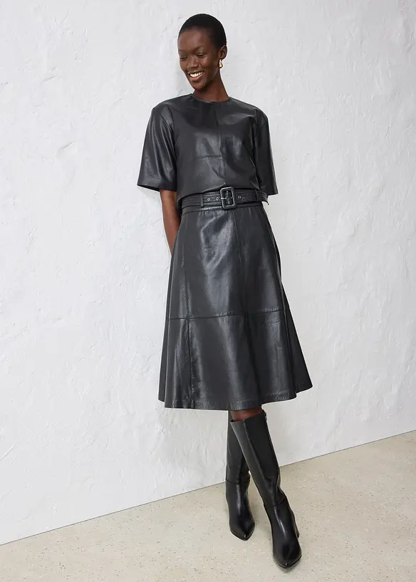 Leren rok van lamsnappa met riem (2-dlg. set), bonprix