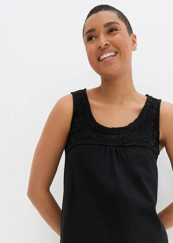 Knielange katoenen shirtjurk met kant, mouwloos, bonprix
